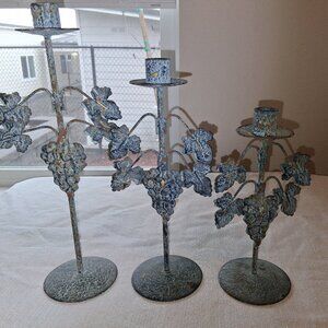 Vintage Set Of 3 Metal Grapevines Rustic Taper Candlestick Holders Patina India